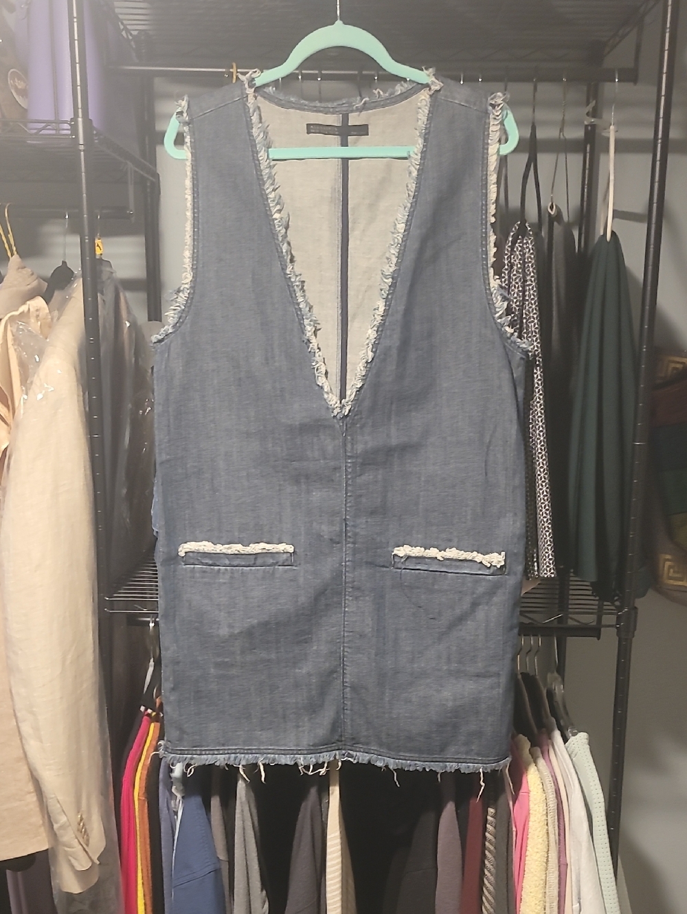 AllSaints Denim Fringe Midi Dress in Light Blue